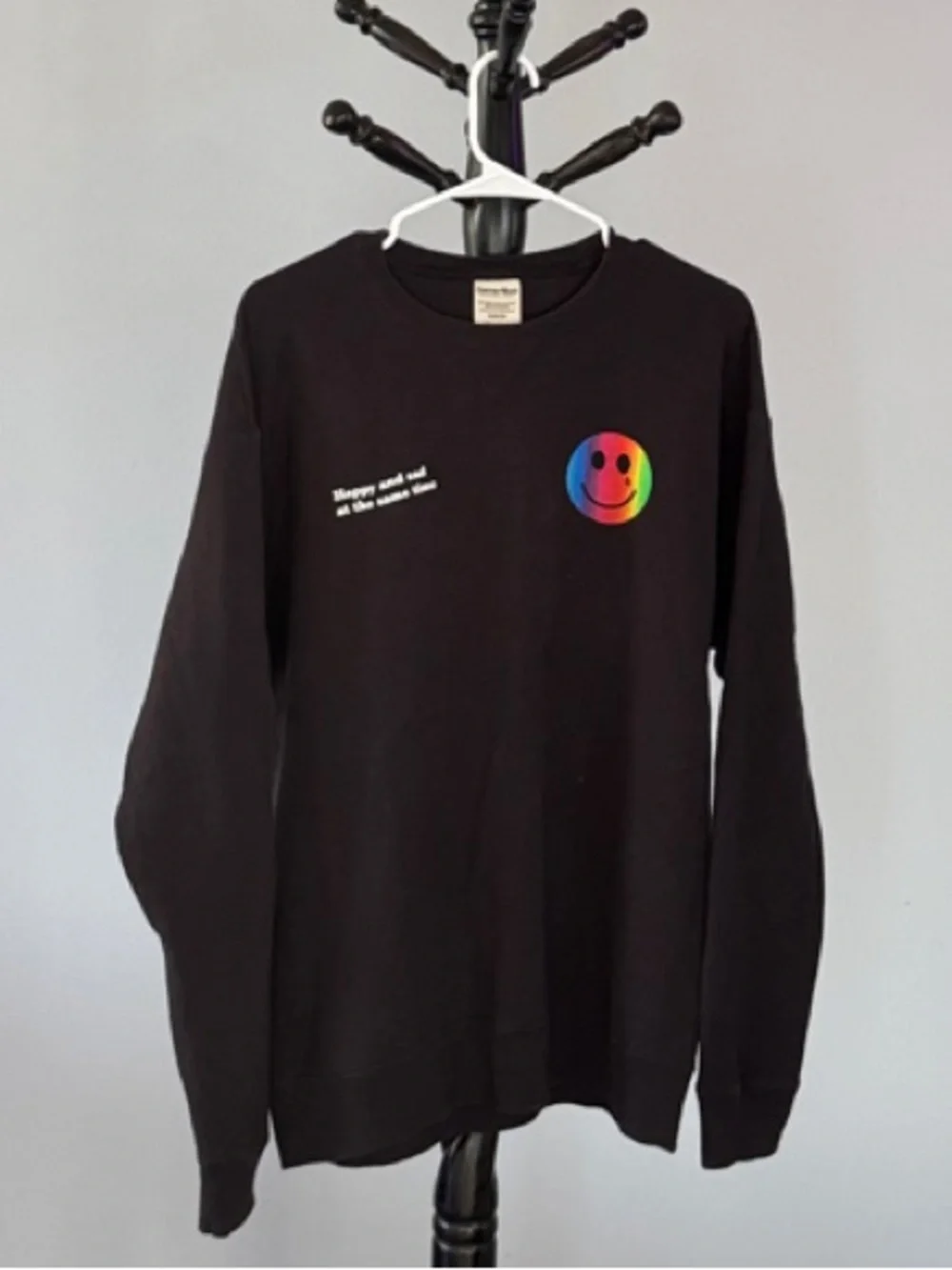 Men's Black Crewneck Sweatshirt with Rainbow Smile Graphic